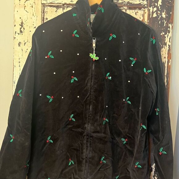 Vintage The Quacker Factory Christmas full zip velour rhinestone Jacket. Size L - Picture 1 of 9